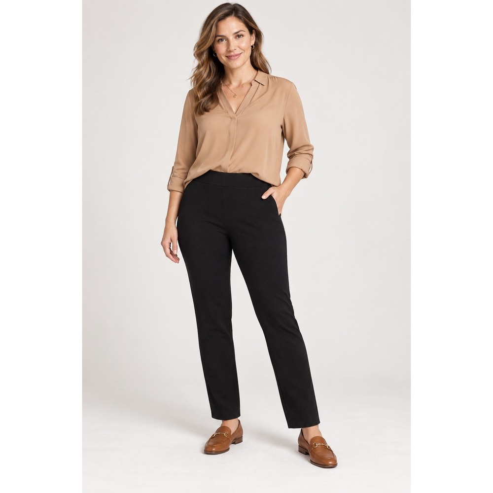 Chicos Black Pull On Straight Leg Pants Size 2 US 12 Minimalist Old Money Luxury